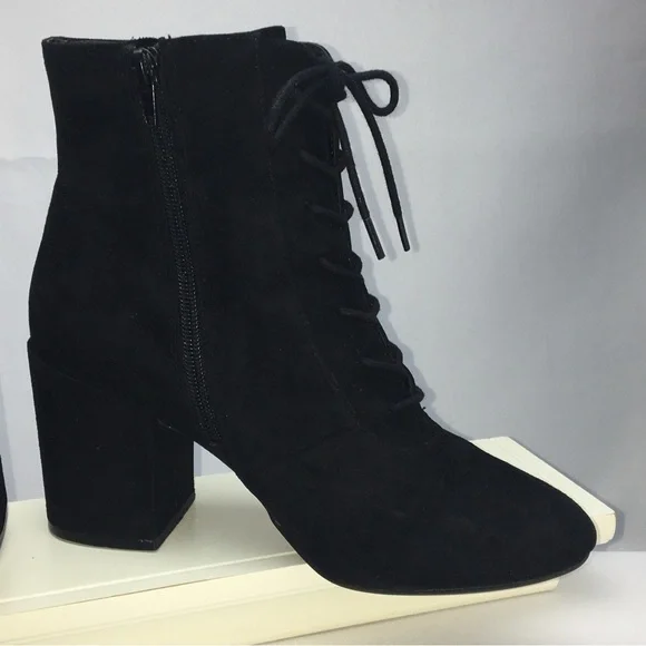 BLACK FAUX SUEDE STACKED HEEL BOOTS - Picture 9 of 15